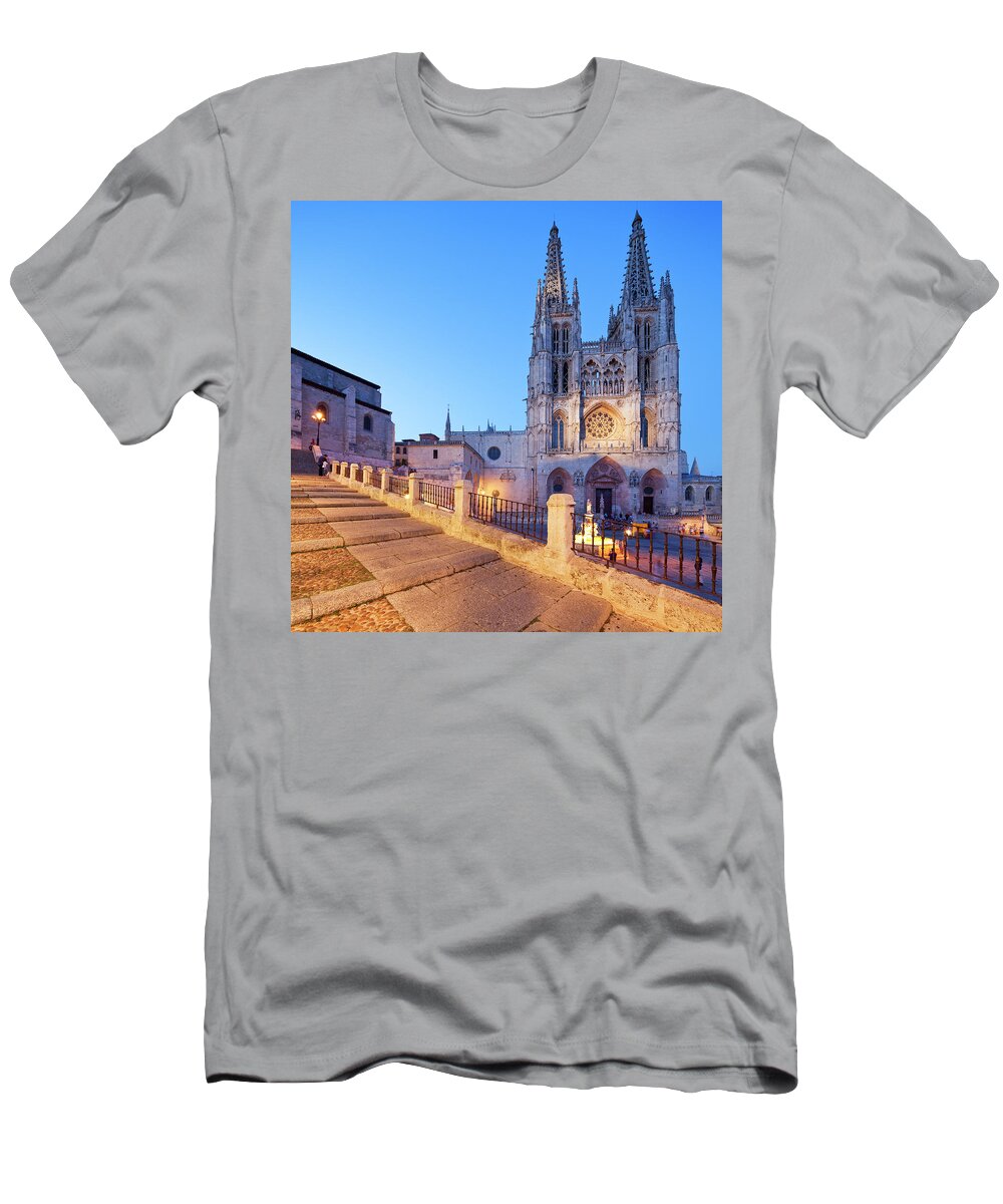 Estock T-Shirt featuring the digital art Spain, Castilla Y Leon, Burgos, Burgos District, Way Of St. James, Route Of Santiago De Compostela, Burgos Cathedral, View Of The West Front Of The Cathedral In Burgos On The Way Of St. James #1 by Luigi Vaccarella