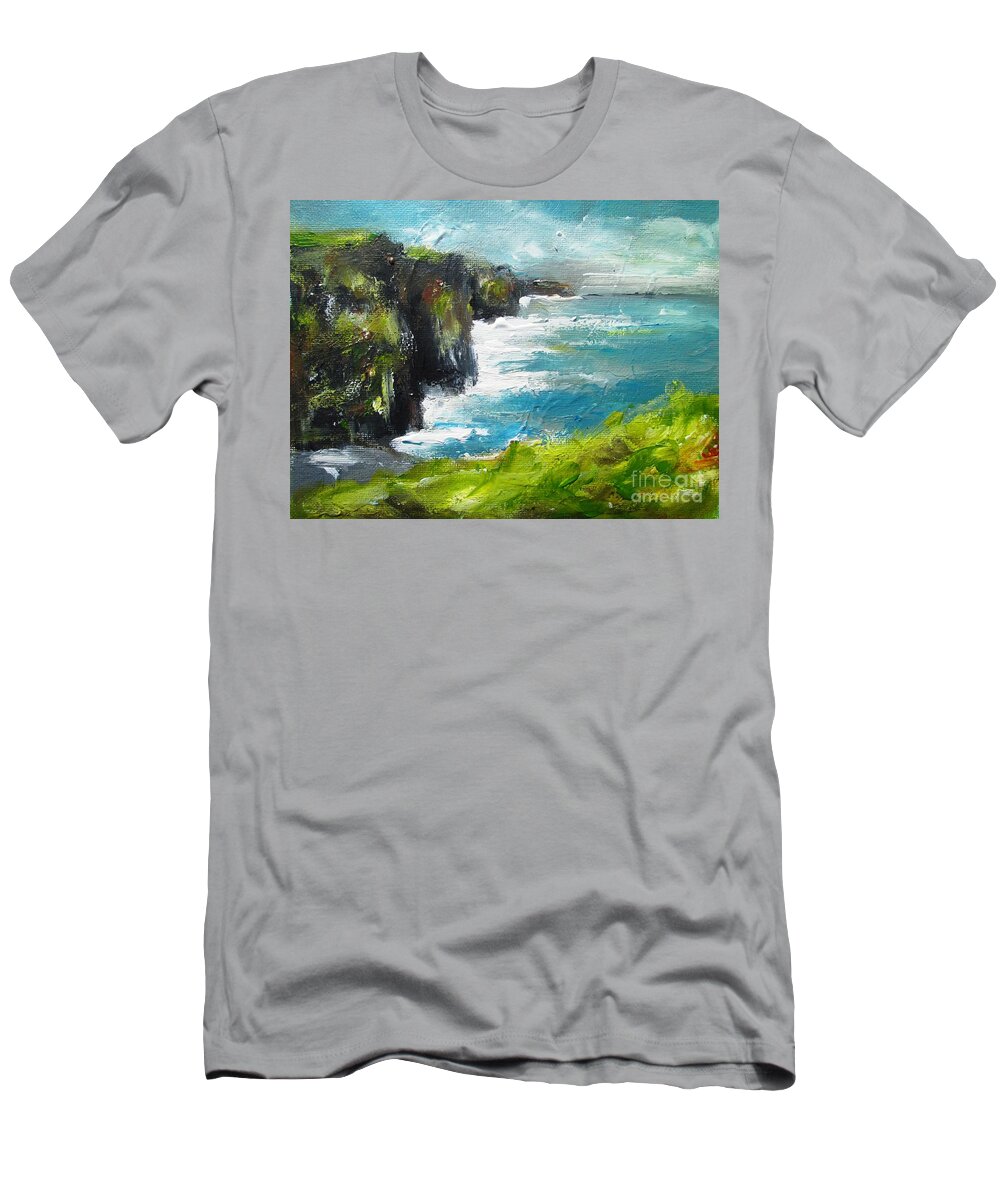 Moher Cliffs T-Shirt featuring the painting Painting Of The Cliffs Of Moher County Clare Ireland by Mary Cahalan Lee - aka PIXI