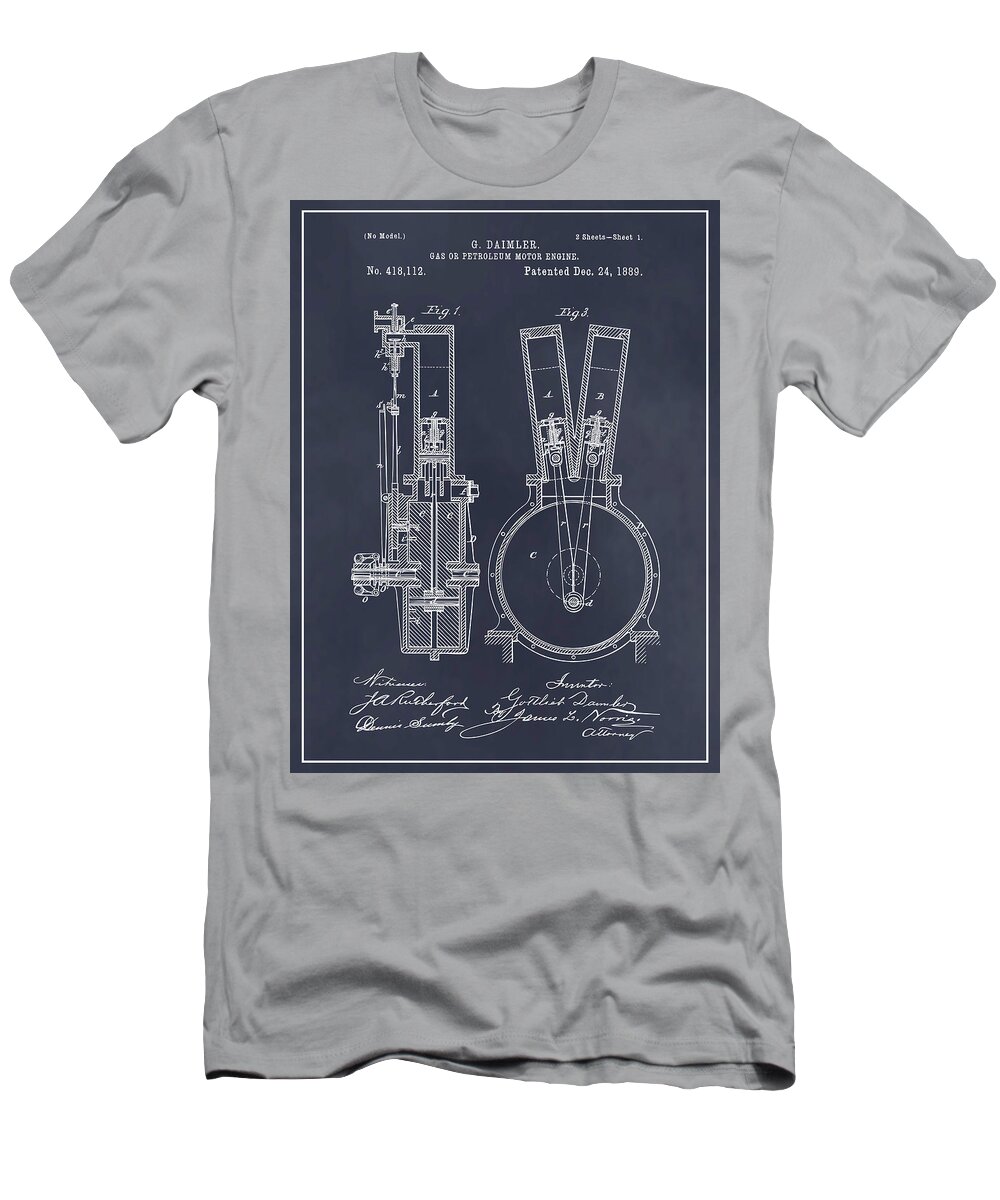 1889 Daimler V Twin Motorcycle Engine Patent Print T-Shirt featuring the drawing 1889 Daimler V Twin Motorcycle Engine Patent Print Blackboard by Greg Edwards