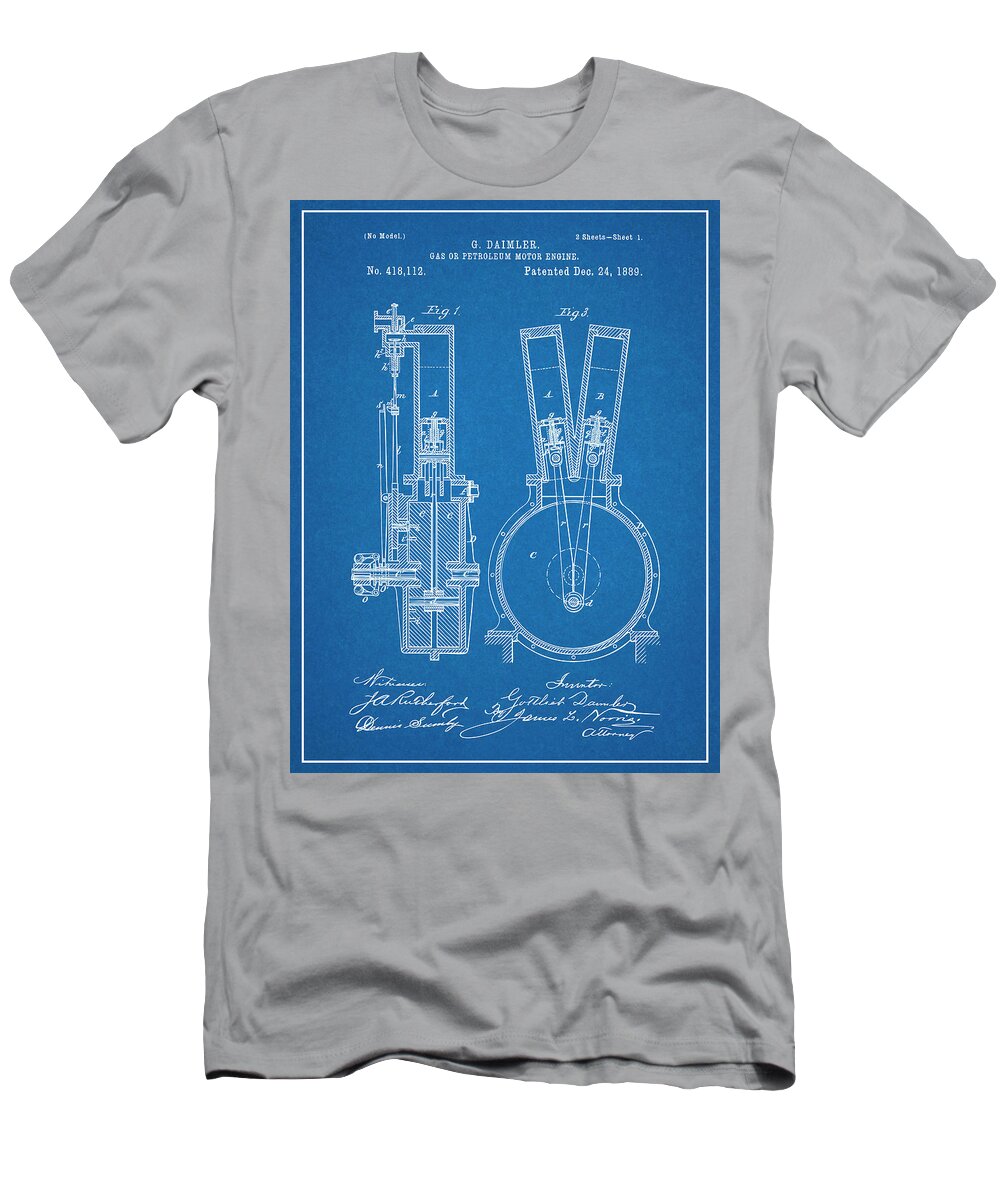 1889 Daimler V Twin Motorcycle Engine Patent Print T-Shirt featuring the drawing 1889 Daimler V Twin Motorcycle Engine Patent Print Blueprint by Greg Edwards
