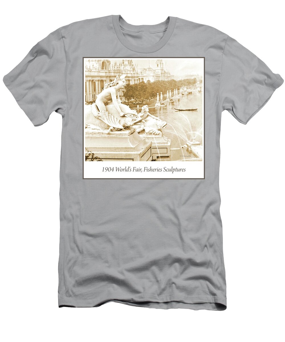 Cascades T-Shirt featuring the photograph 1904 World's Fair, Fisheries Sculptures, Vintage Photograph by A Macarthur Gurmankin