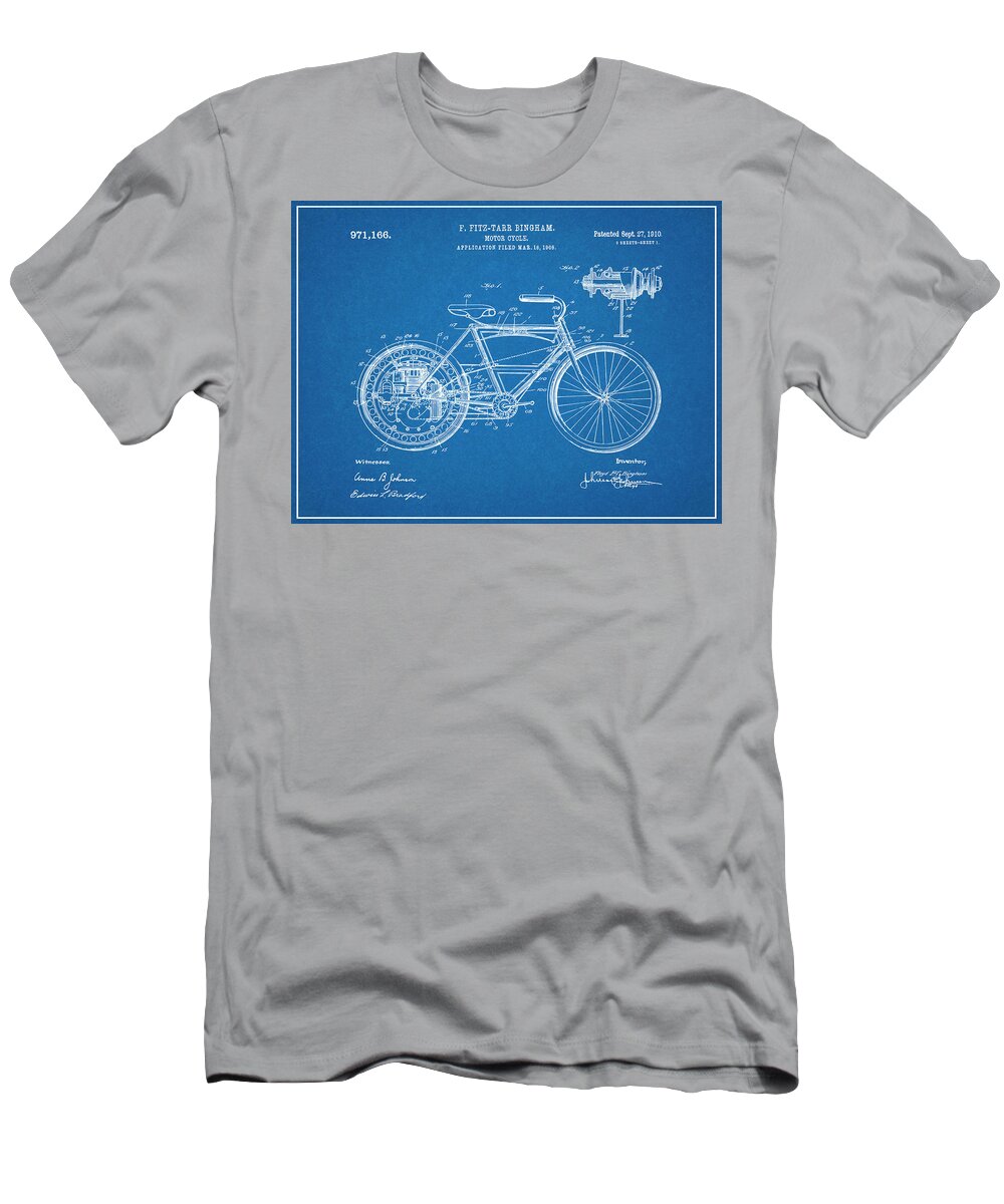 1908 Motor Wheel Motorcycle Patent Print T-Shirt featuring the drawing 1908 Motor Wheel Motorcycle Patent Print Blueprint by Greg Edwards