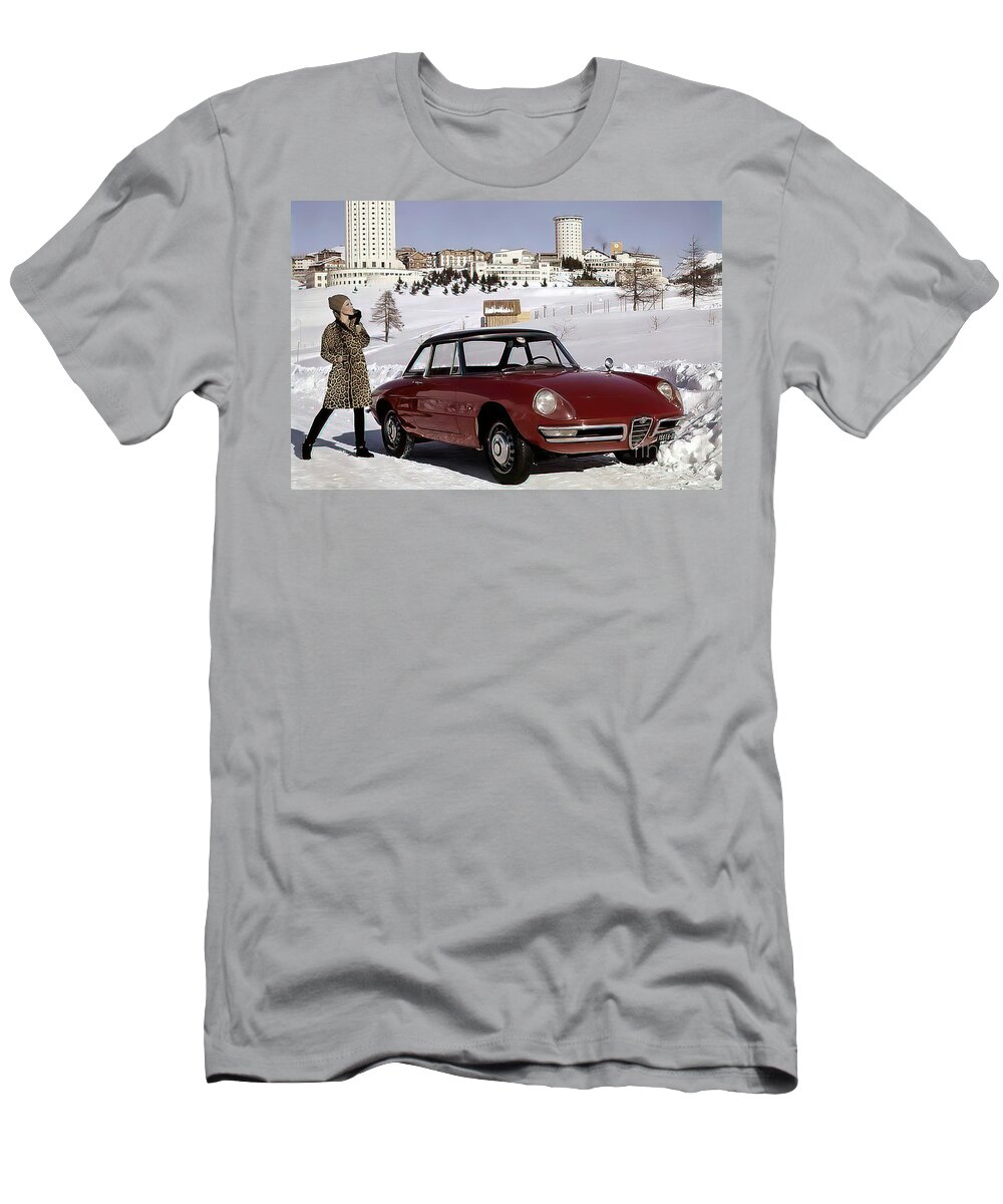Vintage T-Shirt featuring the photograph 1955 Alfa Romeo With Fashion Model In Snow Setting by Retrographs