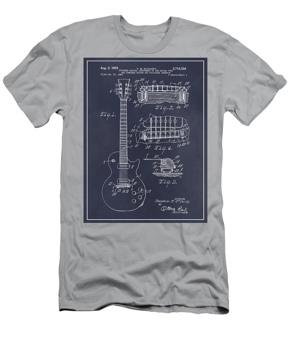 Gibson T-Shirt featuring the drawing 1955 Gibson Les Paul Guitar Patent Print Blackboard by Greg Edwards