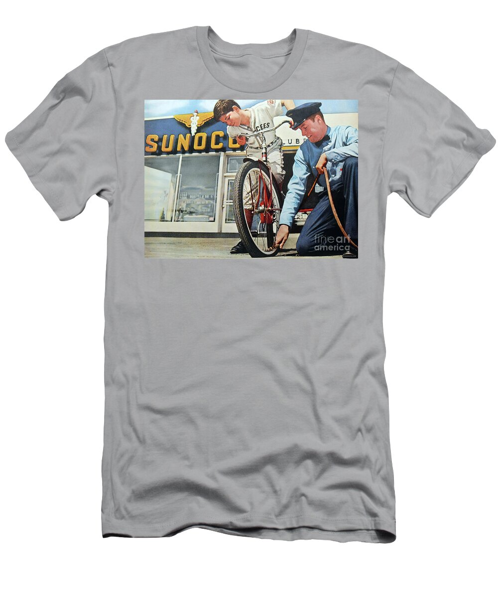 Vintage T-Shirt featuring the mixed media 1960s Advertisement For Sunoco With Attendant And Boy With Bicycle by Retrographs