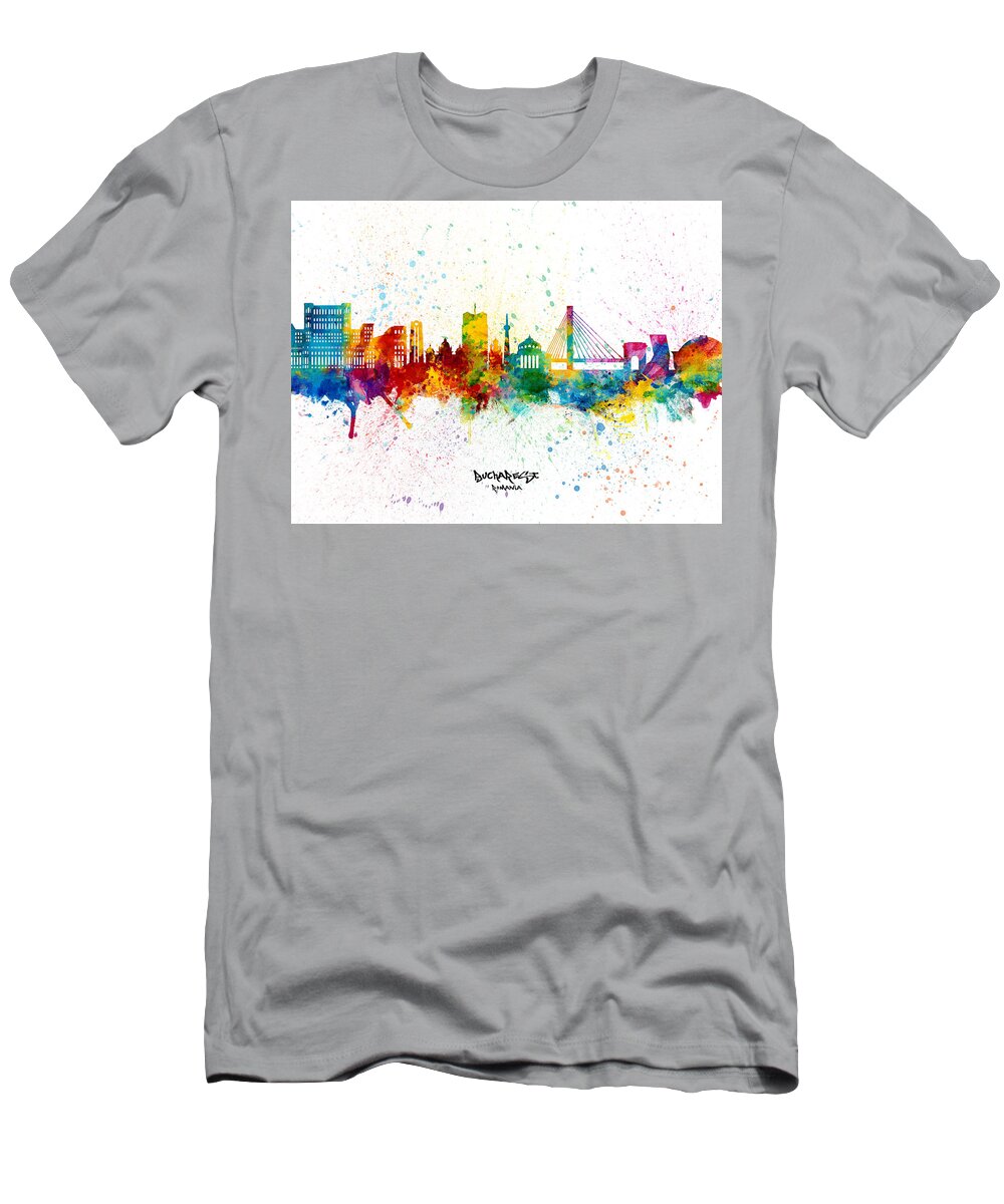 Bucharest T-Shirt featuring the digital art Bucharest Romania Skyline #4 by Michael Tompsett