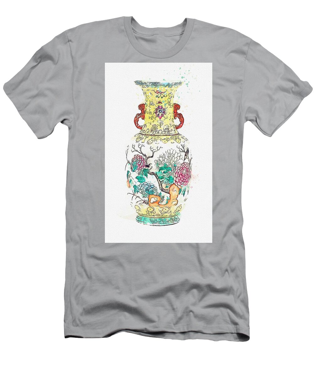 Pottery T-Shirt featuring the painting A FAMILLE ROSE TWO-HANDLED BIRDS AND FLOWERS VASE watercolor by Ahmet Asar by Celestial Images