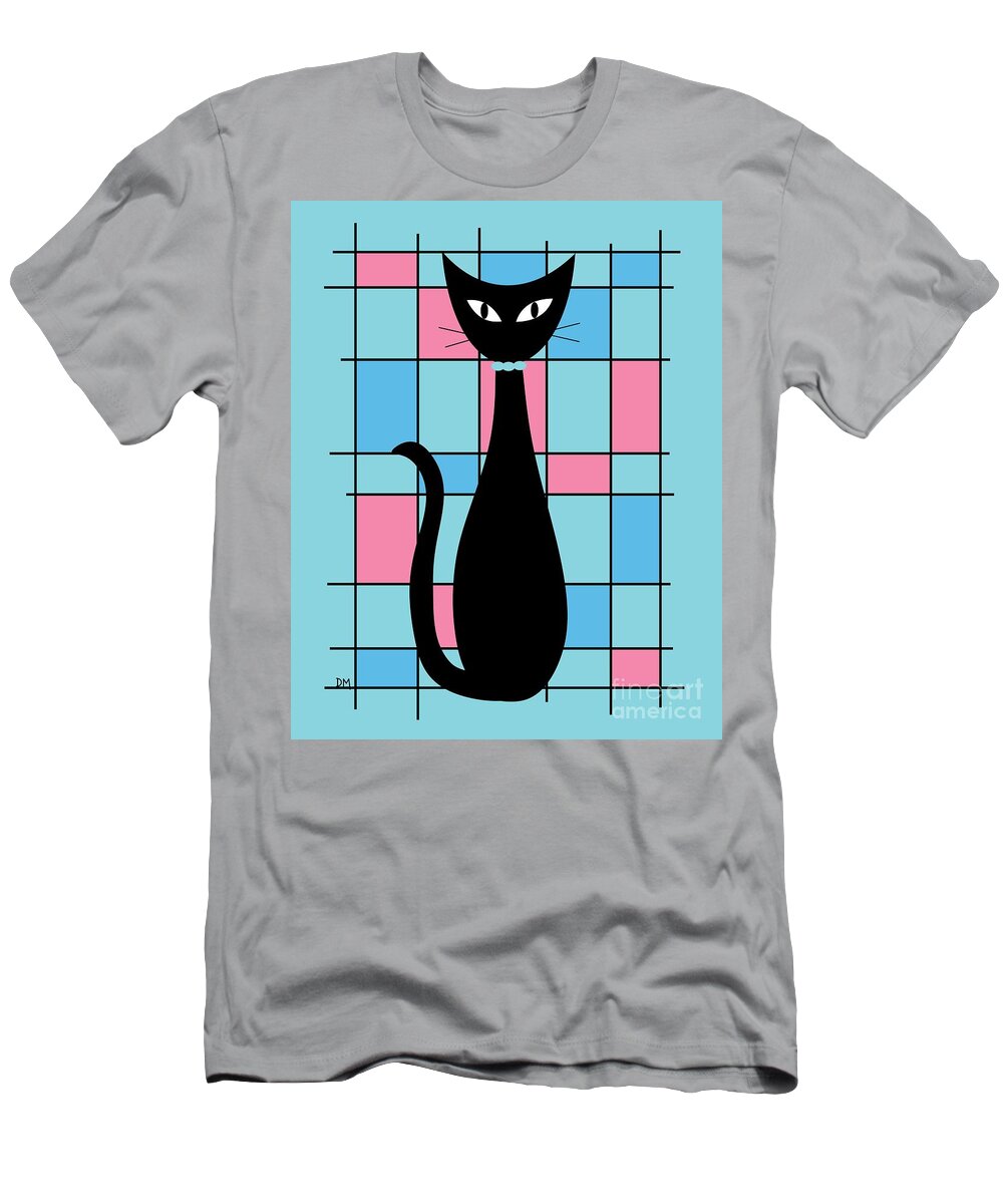 Mid Century Modern T-Shirt featuring the digital art Abstract Cat in Blue and Pink by Donna Mibus