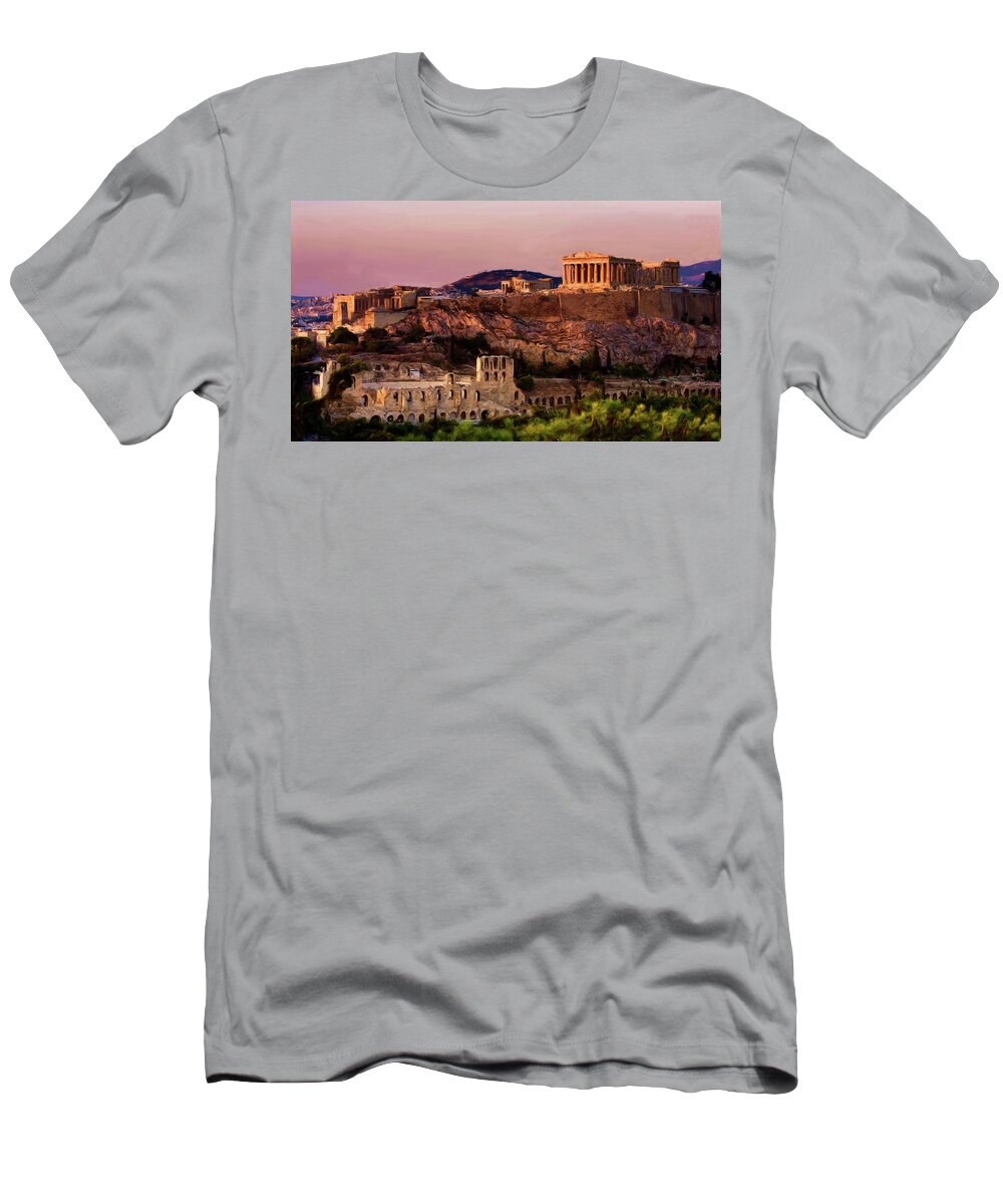 Troy Caperton T-Shirt featuring the painting Acropolis at Twilight by Troy Caperton