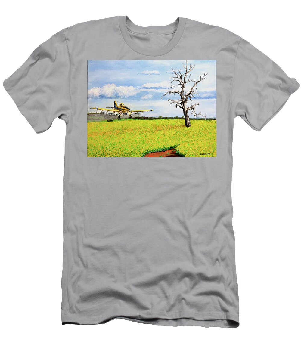 Aircraft T-Shirt featuring the painting Air Tractor Spraying Canola Fields by Karl Wagner