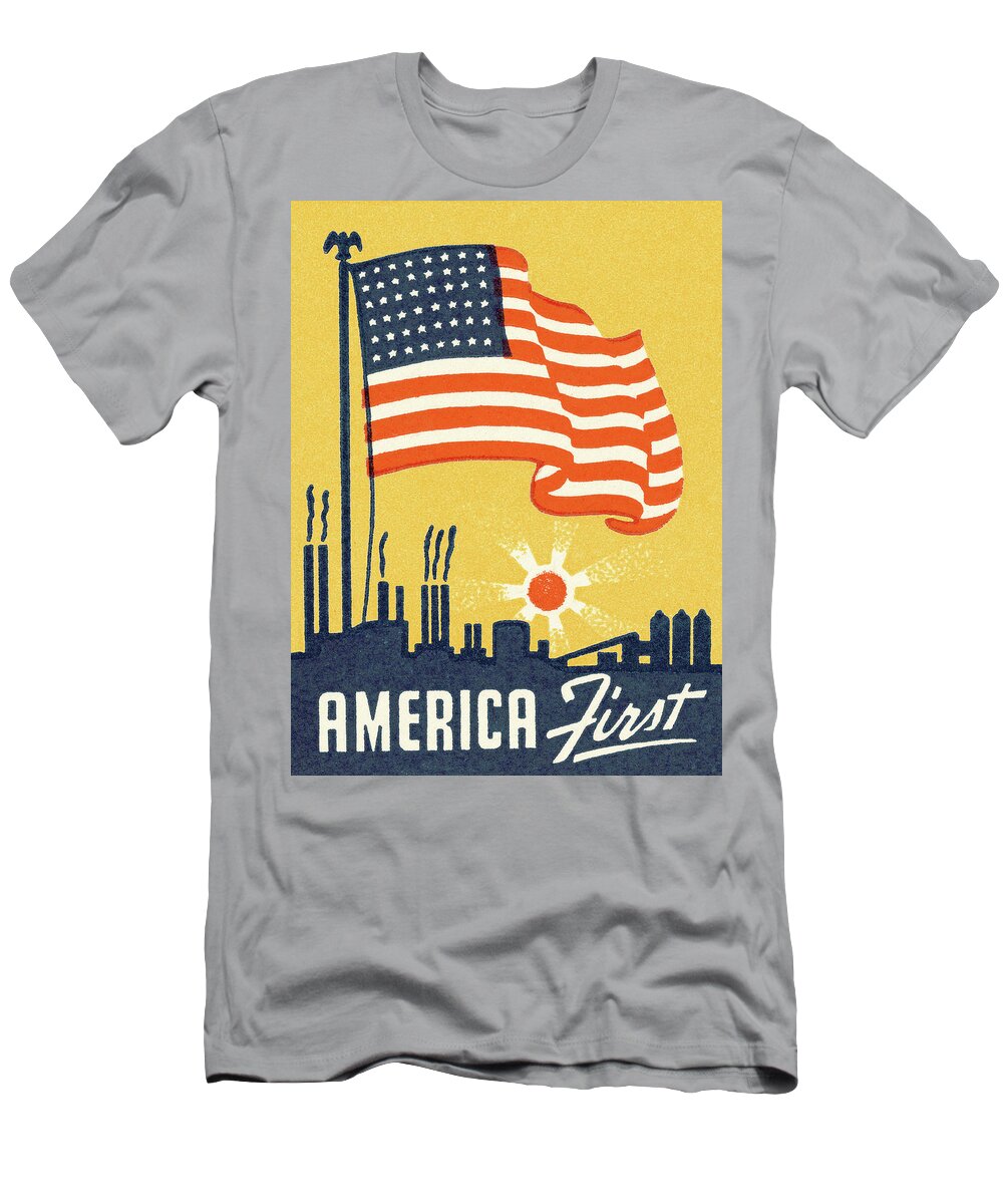 4th Of July T-Shirt featuring the drawing America Flag First by CSA Images