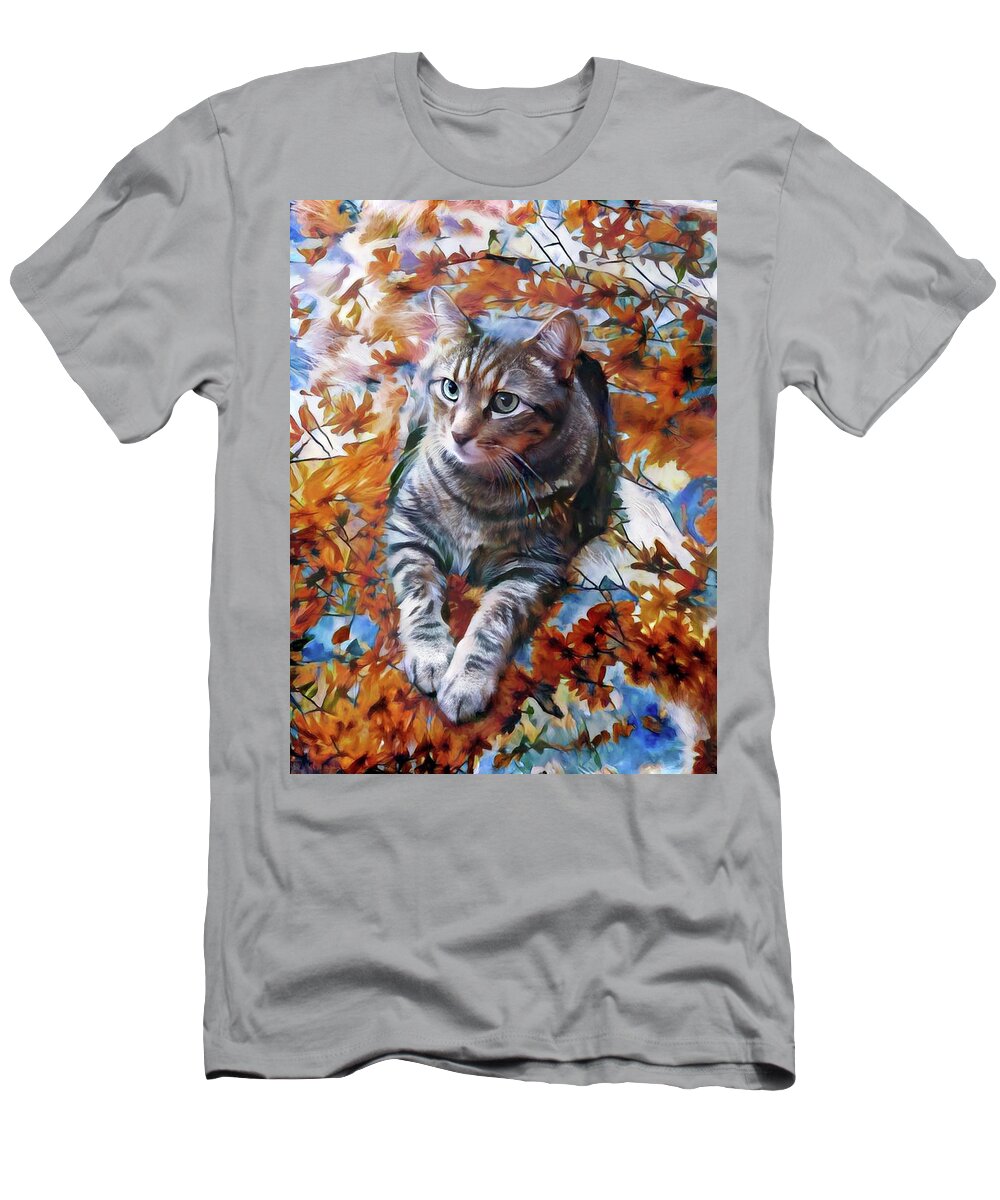 Tabby Cat T-Shirt featuring the digital art Amos in Flowers by Peggy Collins