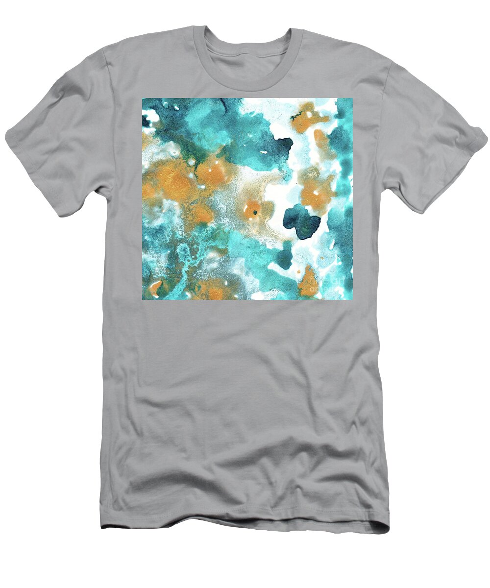 Ink T-Shirt featuring the painting Aqua Teal Gold Abstract Painting #2 #ink #decor #art by Anitas and Bellas Art