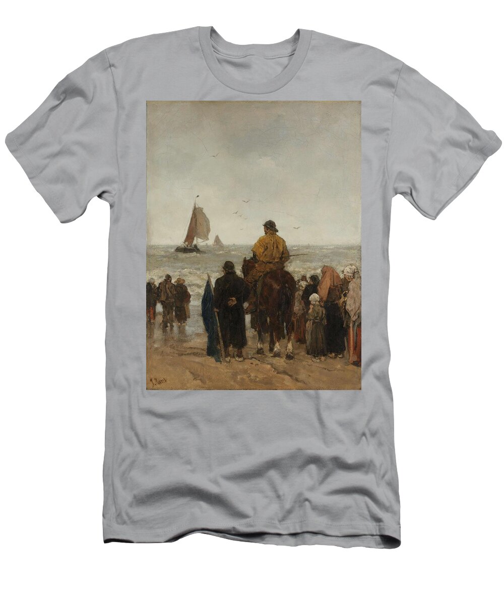Canvas T-Shirt featuring the painting Arrival of the Boats. Aankomst der boten. by Jacob Maris -1837-1899-