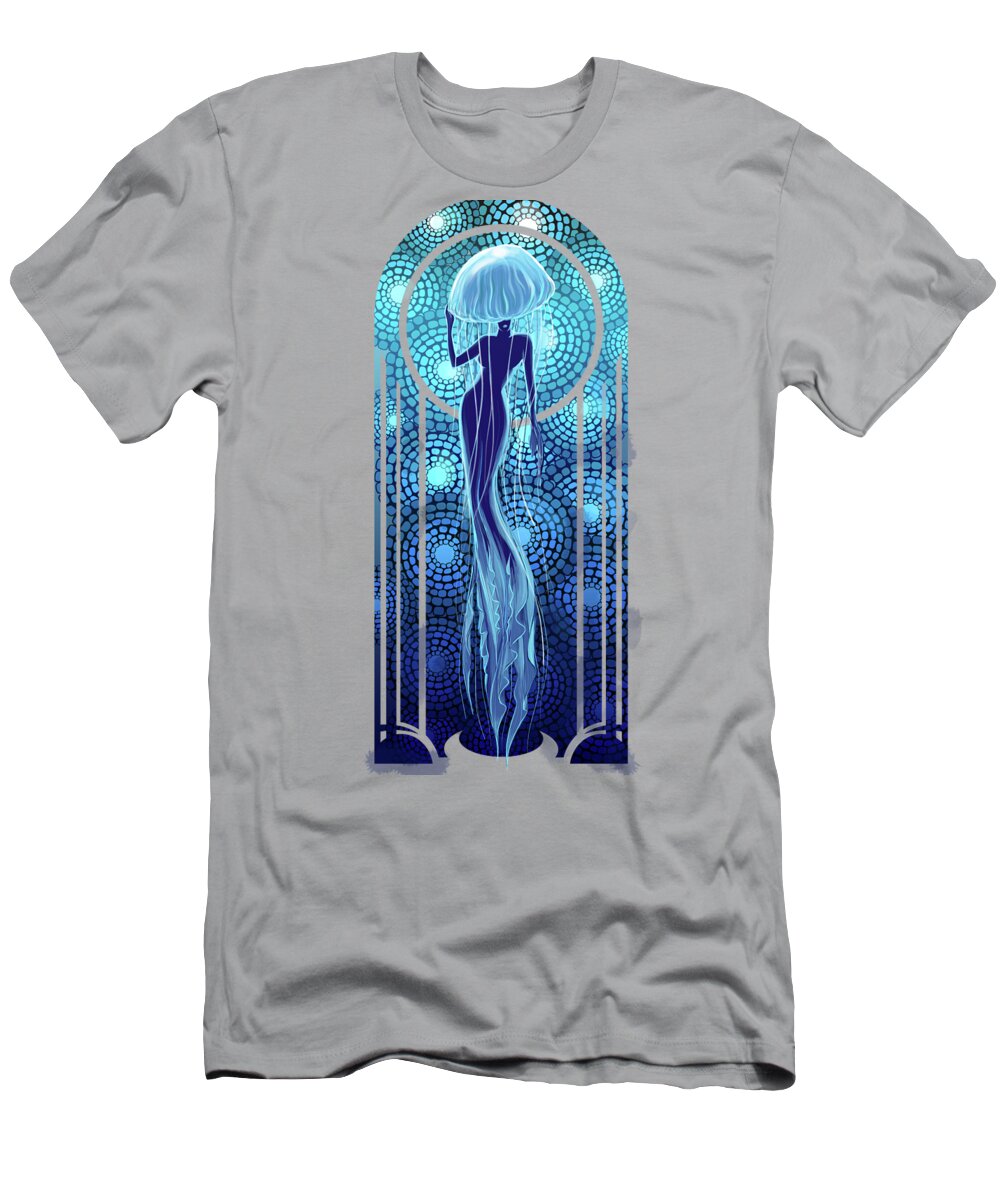Jellyfish T-Shirt featuring the painting Art deco jellyfish woman by Sassan Filsoof
