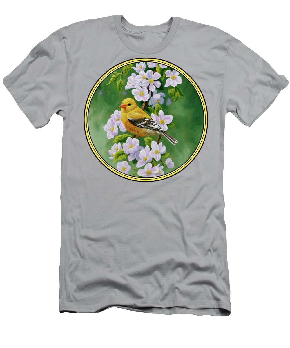 Bird T-Shirt featuring the painting Female American Goldfinch and Apple Blossoms by Crista Forest