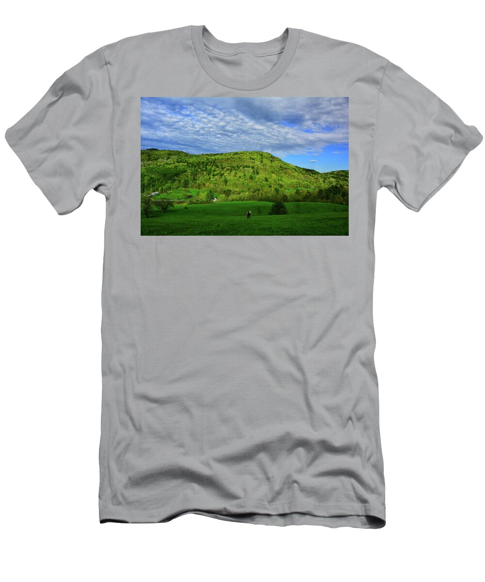 At Hikers Descend To A Farm In Vt T-Shirt featuring the photograph AT Hikers Descend to a Farm in VT by Raymond Salani III