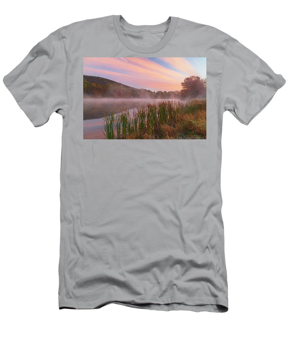 Autumn T-Shirt featuring the photograph Autumn Dawn Mist At Korean Buddha Wonkaska by Angelo Marcialis