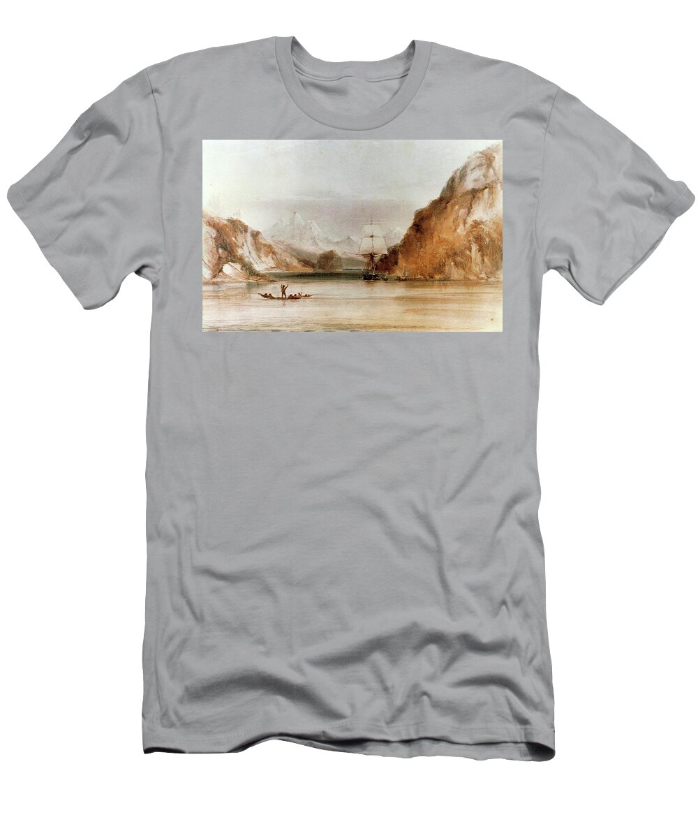 Charles Darwin T-Shirt featuring the painting 'Beagle' in Ponsonby Sound. CONRAD MARTENS . CHARLES DARWIN . by Conrad Martens -1801-1878-