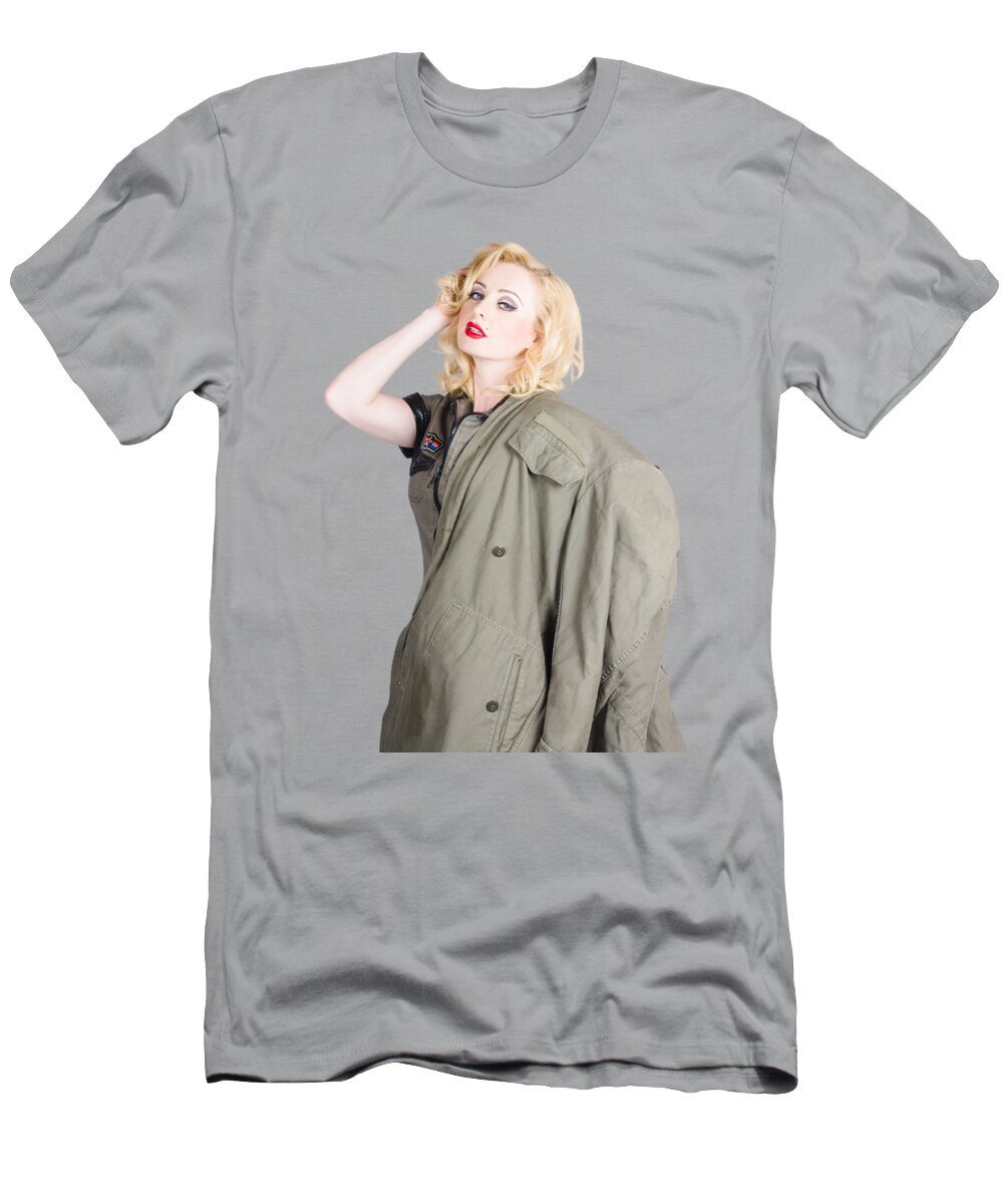 Girl T-Shirt featuring the photograph Beautiful young 1940s retro style war pinup by Jorgo Photography