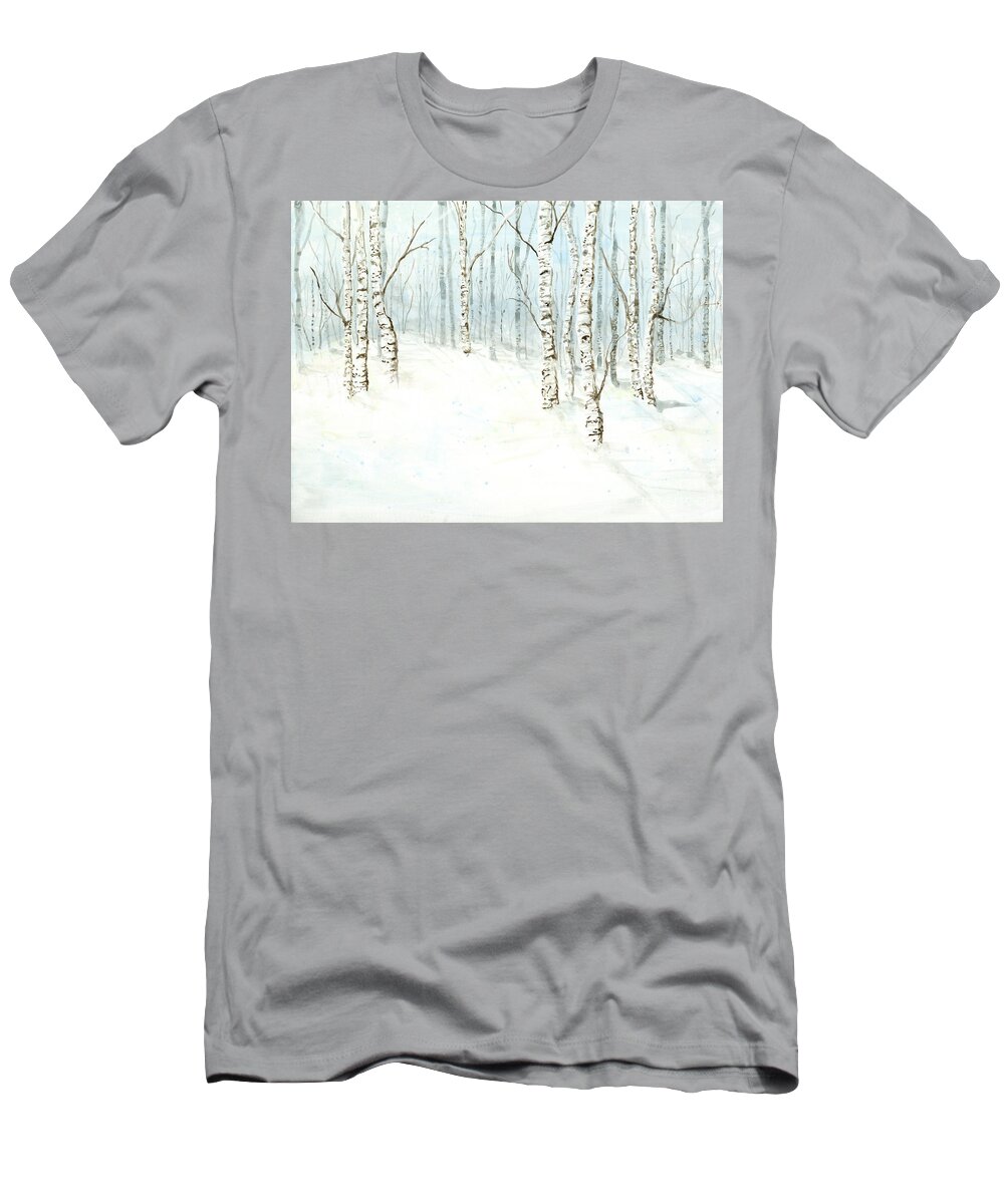 Birch Forest T-Shirt featuring the painting Birch Aspen Forest in Winter Snow by Audrey Jeanne Roberts