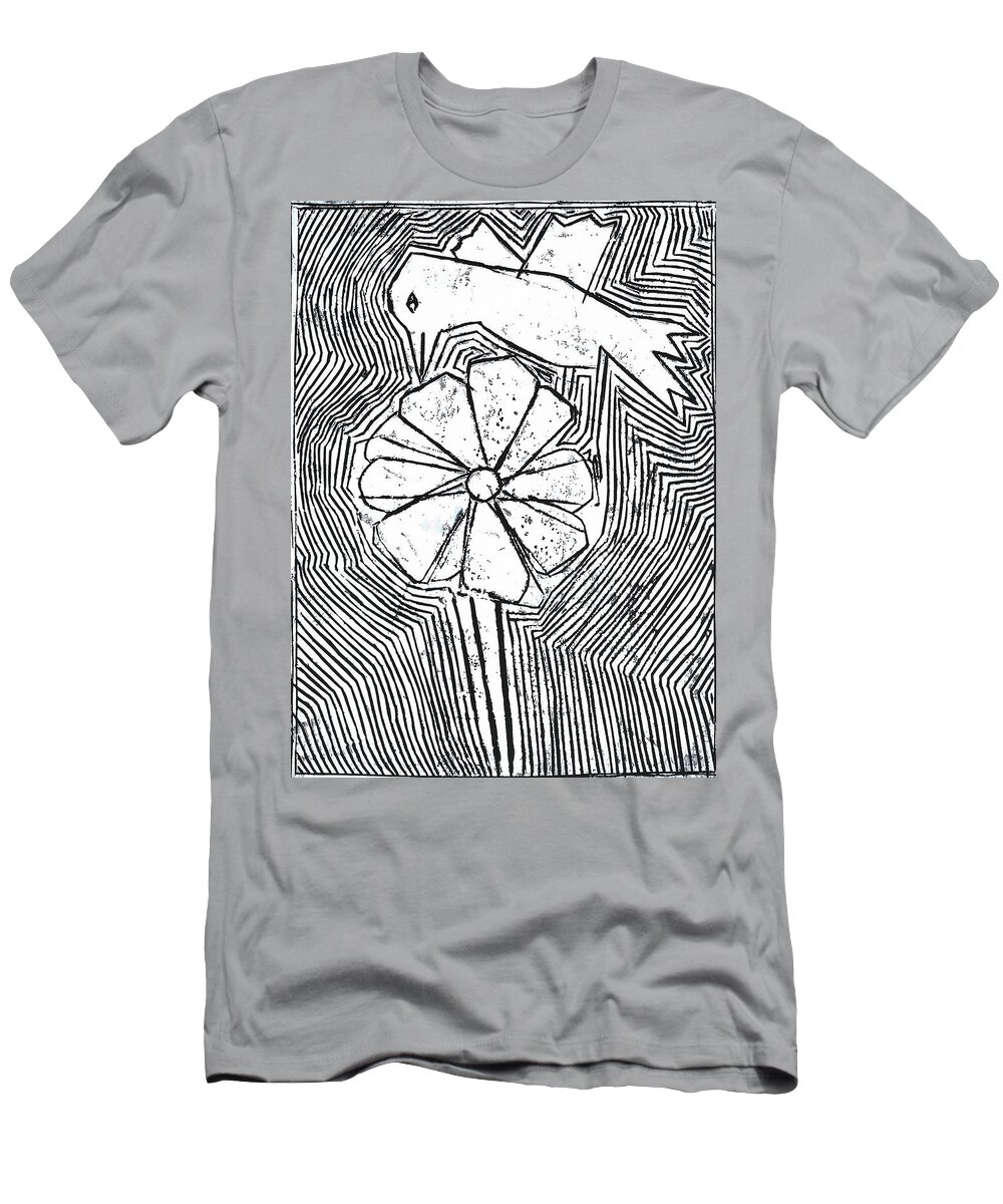 Bird T-Shirt featuring the relief Bird and a White Flower by Edgeworth Johnstone
