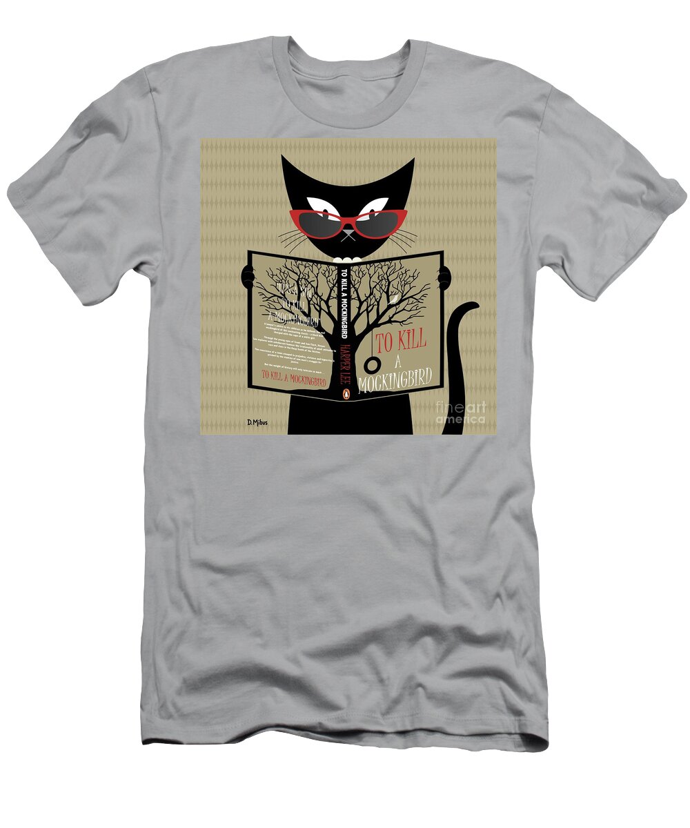 Mid Century Modern T-Shirt featuring the digital art Black Cat Reading by Donna Mibus