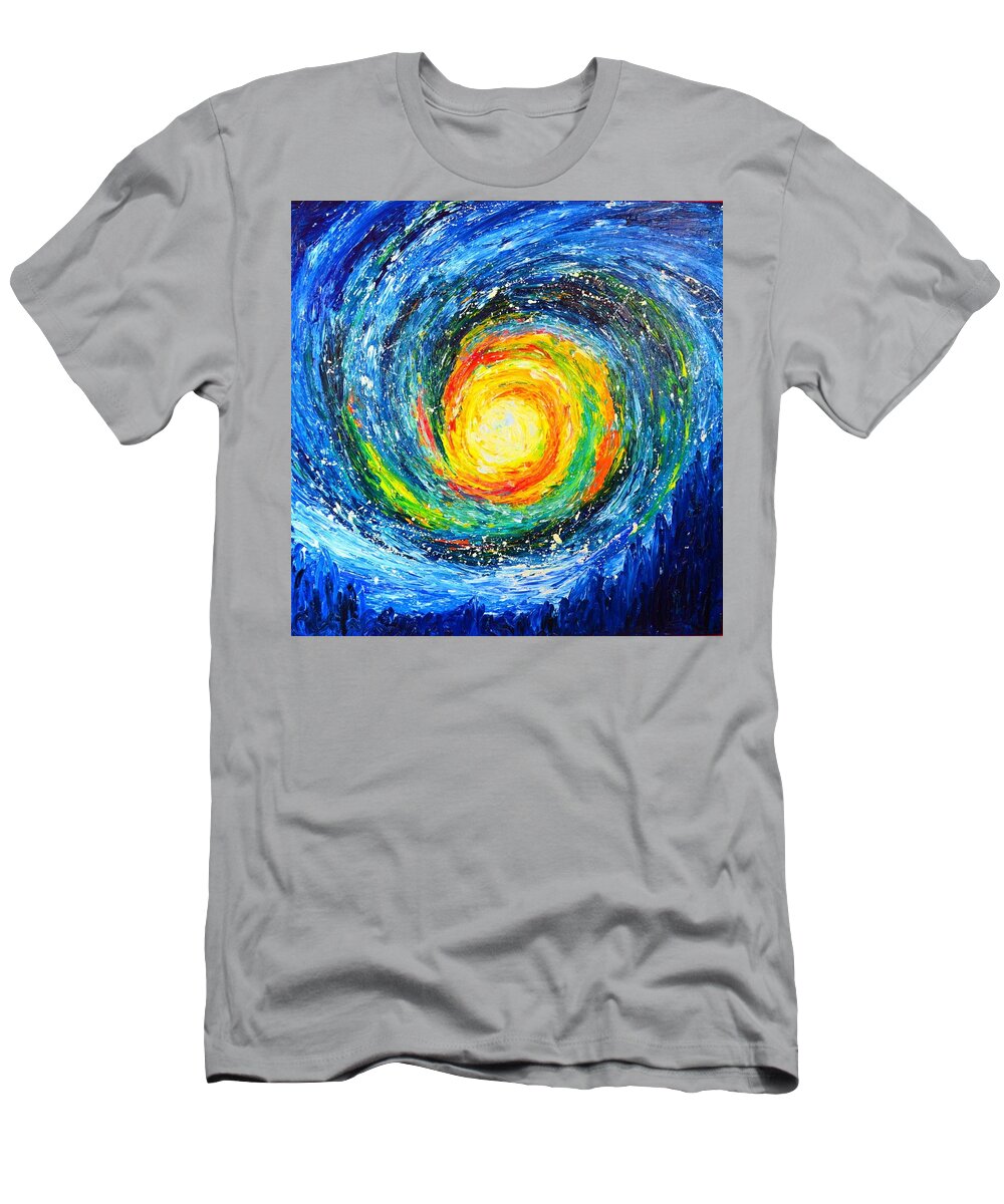 In A Deep Galaxy Here You Can See A Black Hole Becoming A Sun T-Shirt featuring the painting Black Hole Sun by Chiara Magni