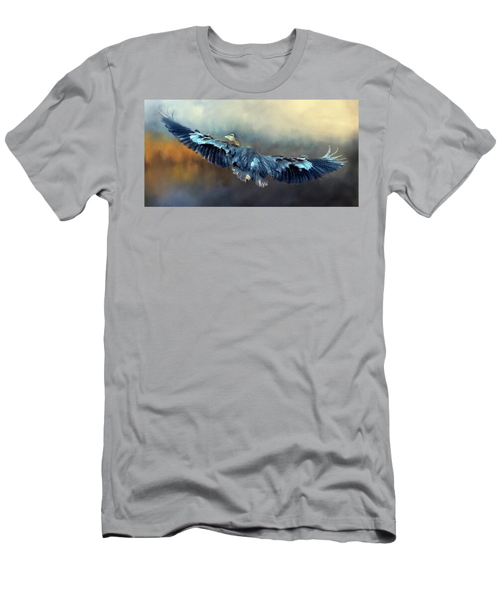 Blue Heron T-Shirt featuring the painting Blue Heron Coming Home by Jeanette Mahoney