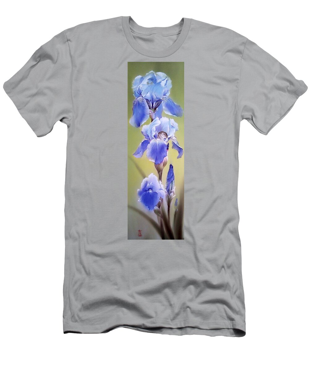 Russian Artists New Wave T-Shirt featuring the painting Blue Irises with Sleeping Baby Mouse by Alina Oseeva