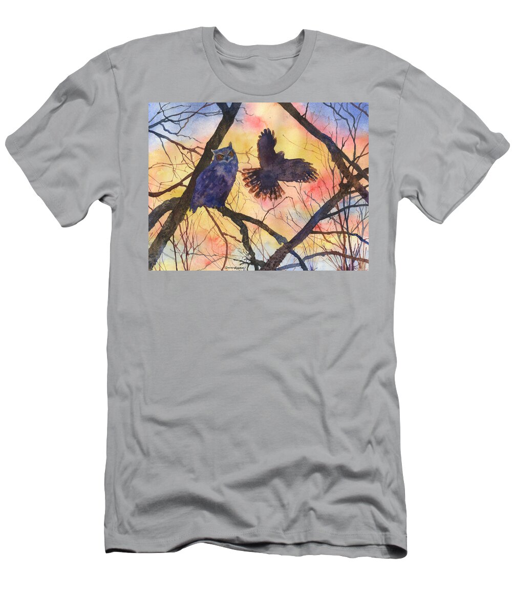 Owl Painting T-Shirt featuring the painting Blue Owl by Anne Gifford