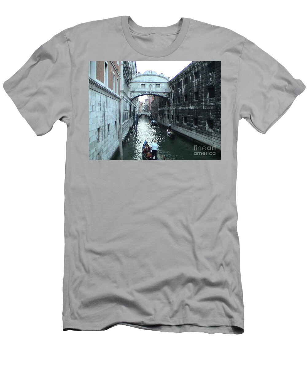 Venice T-Shirt featuring the photograph Bridge of Sighs Venice Italy Canal Gondolas Unique Panoramic View by John Shiron