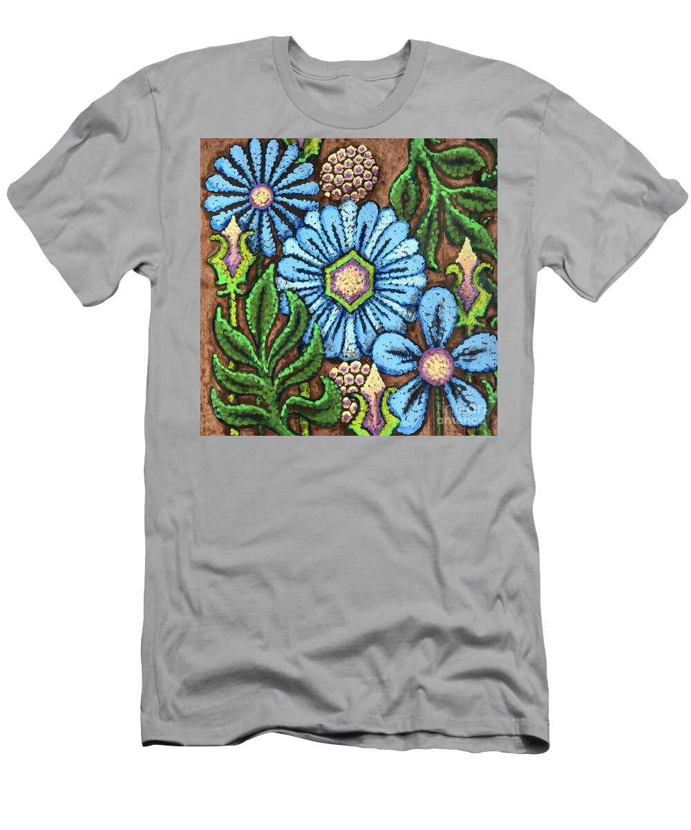 Flower T-Shirt featuring the painting Brown and Blue Floral 1 by Amy E Fraser