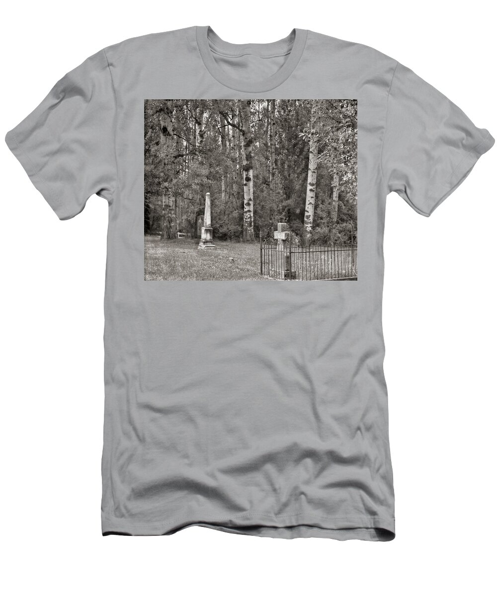 Cataldo Idaho T-Shirt featuring the photograph Cemetery at Cataldo Mission BW by Cathy Anderson