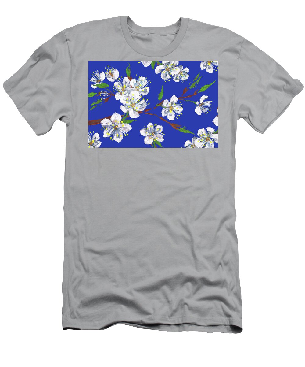 Blue T-Shirt featuring the painting Cherry Blossoms Blue Sky Floral Impressionism by Irina Sztukowski