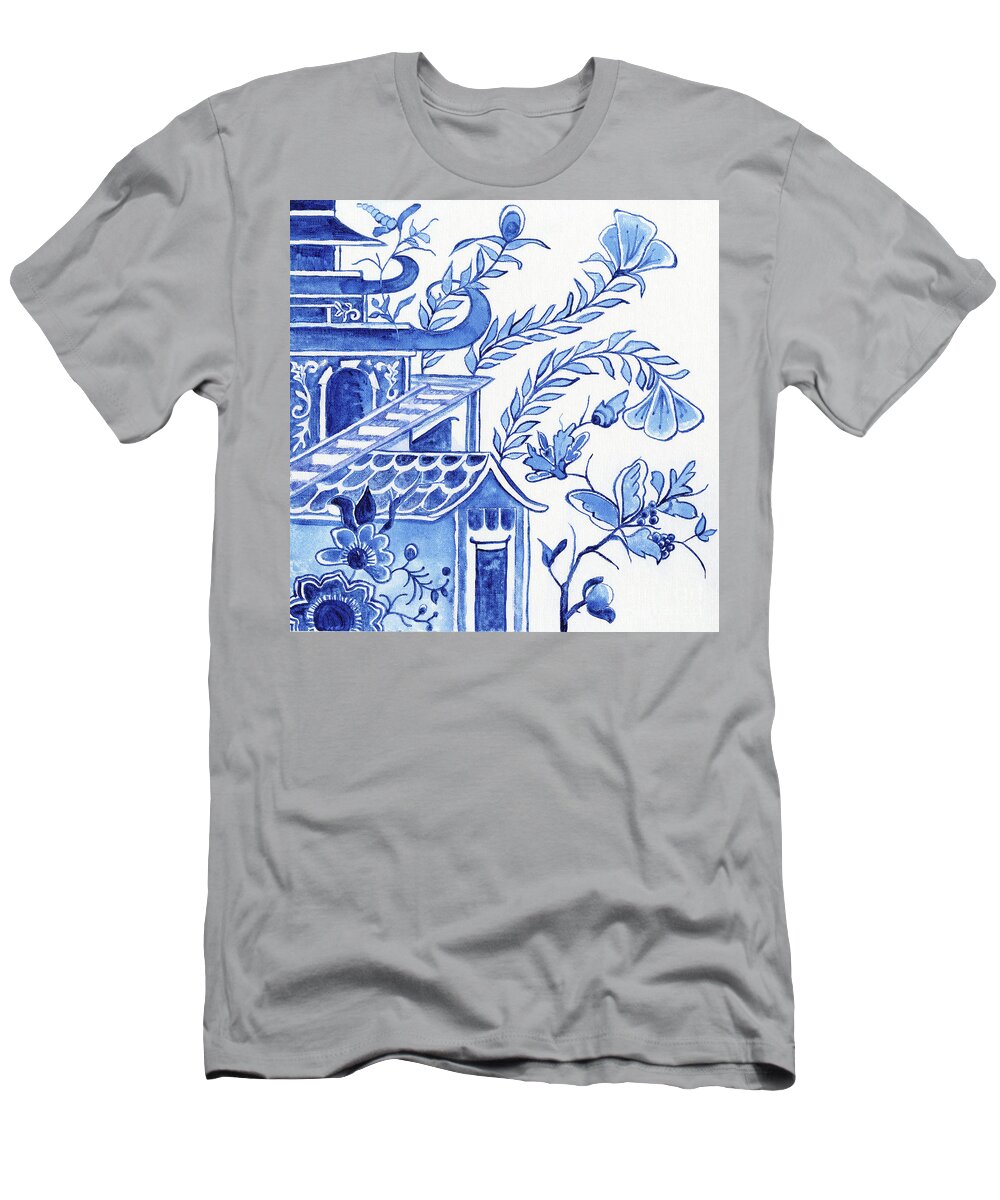 Chinoiserie T-Shirt featuring the painting Chinoiserie Blue and White Pagoda Floral 1 by Audrey Jeanne Roberts