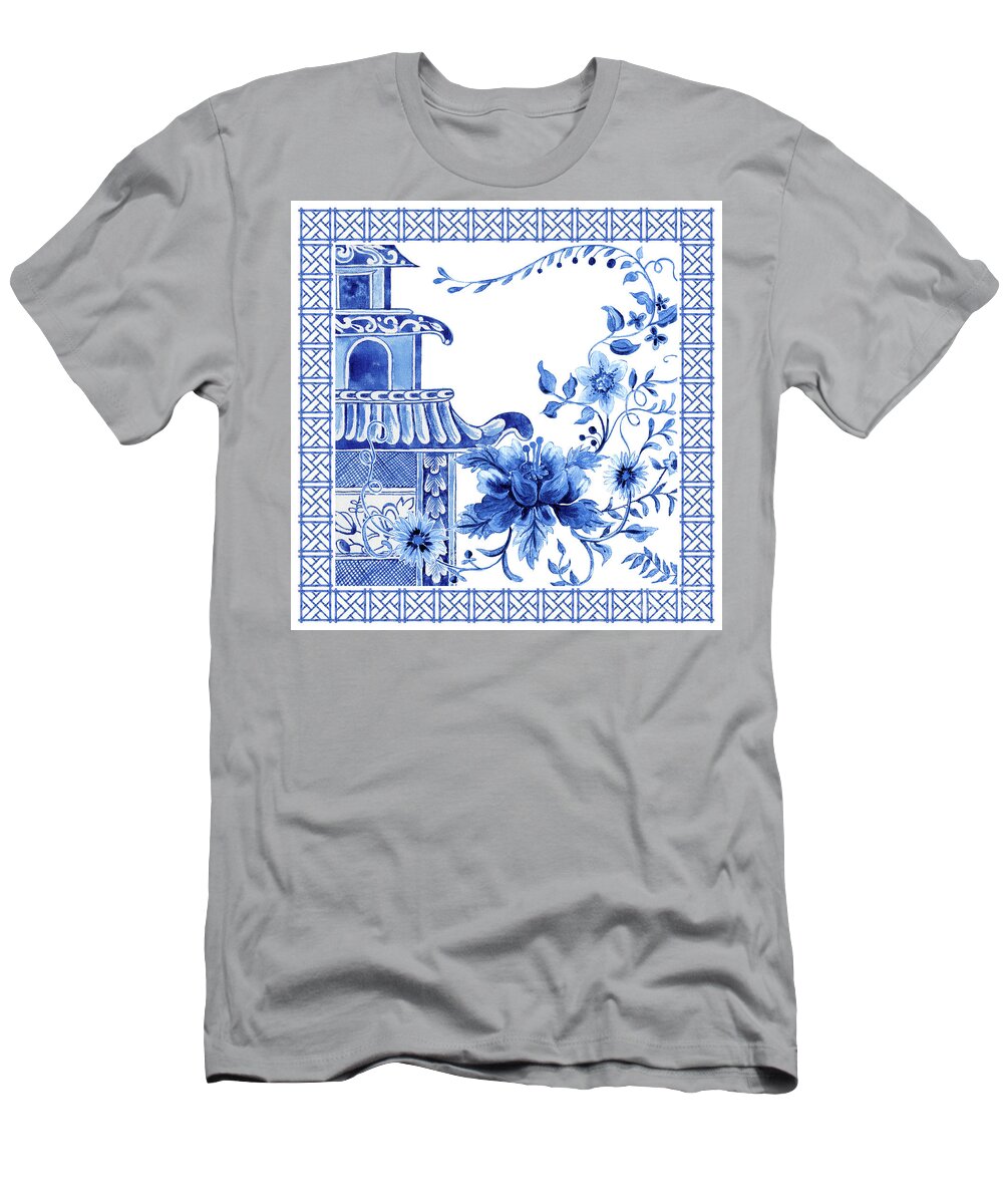 Chinese T-Shirt featuring the painting Chinoiserie Blue and White Pagoda with Stylized Flowers and Chinese Chippendale Border by Audrey Jeanne Roberts