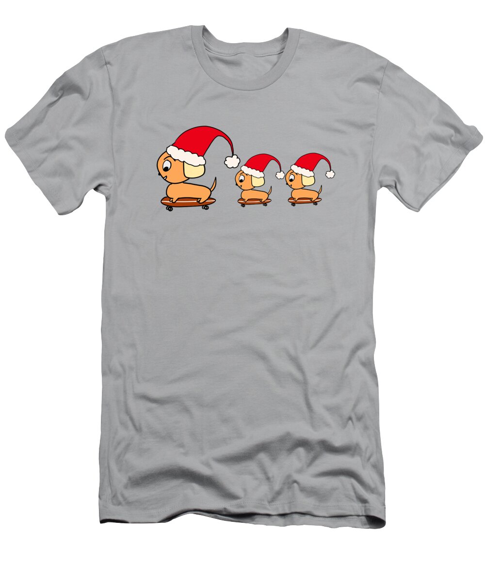 Skateboard T-Shirt featuring the digital art Christmas Dog and Puppies on Skateboards in Santa Hats by Barefoot Bodeez Art