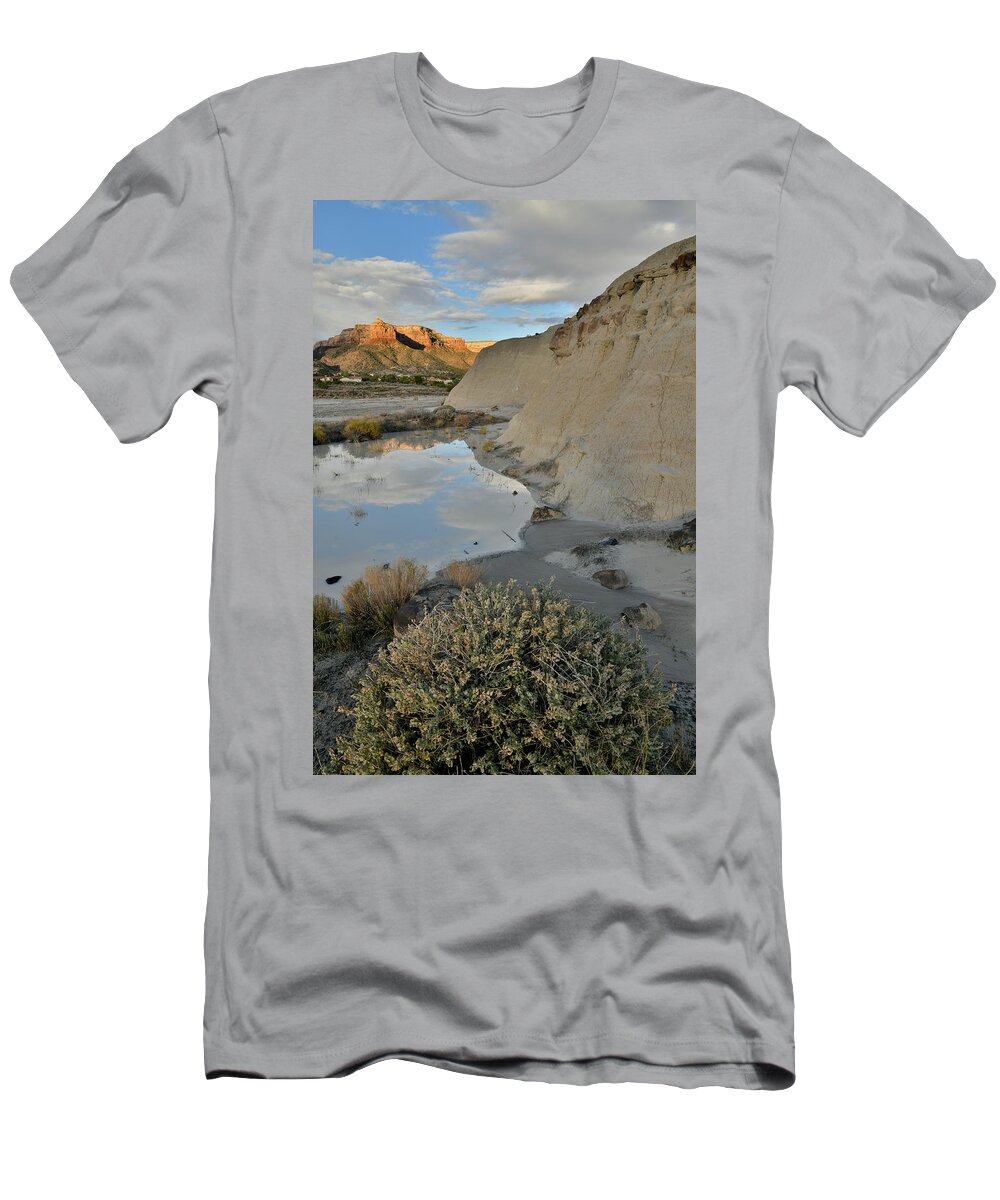 Grand Junction T-Shirt featuring the photograph Colorado National Monument at Sunrise Reflected in Bentonite Pool by Ray Mathis