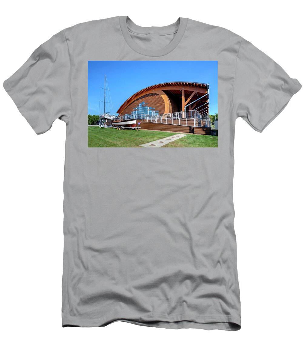 Estock T-Shirt featuring the digital art Connecticut, Mystic, Mystic Seaport Museum, Seaport Village, Living History Museum, Seaport Scene, The Thompson Exhibition Building. by Lumiere