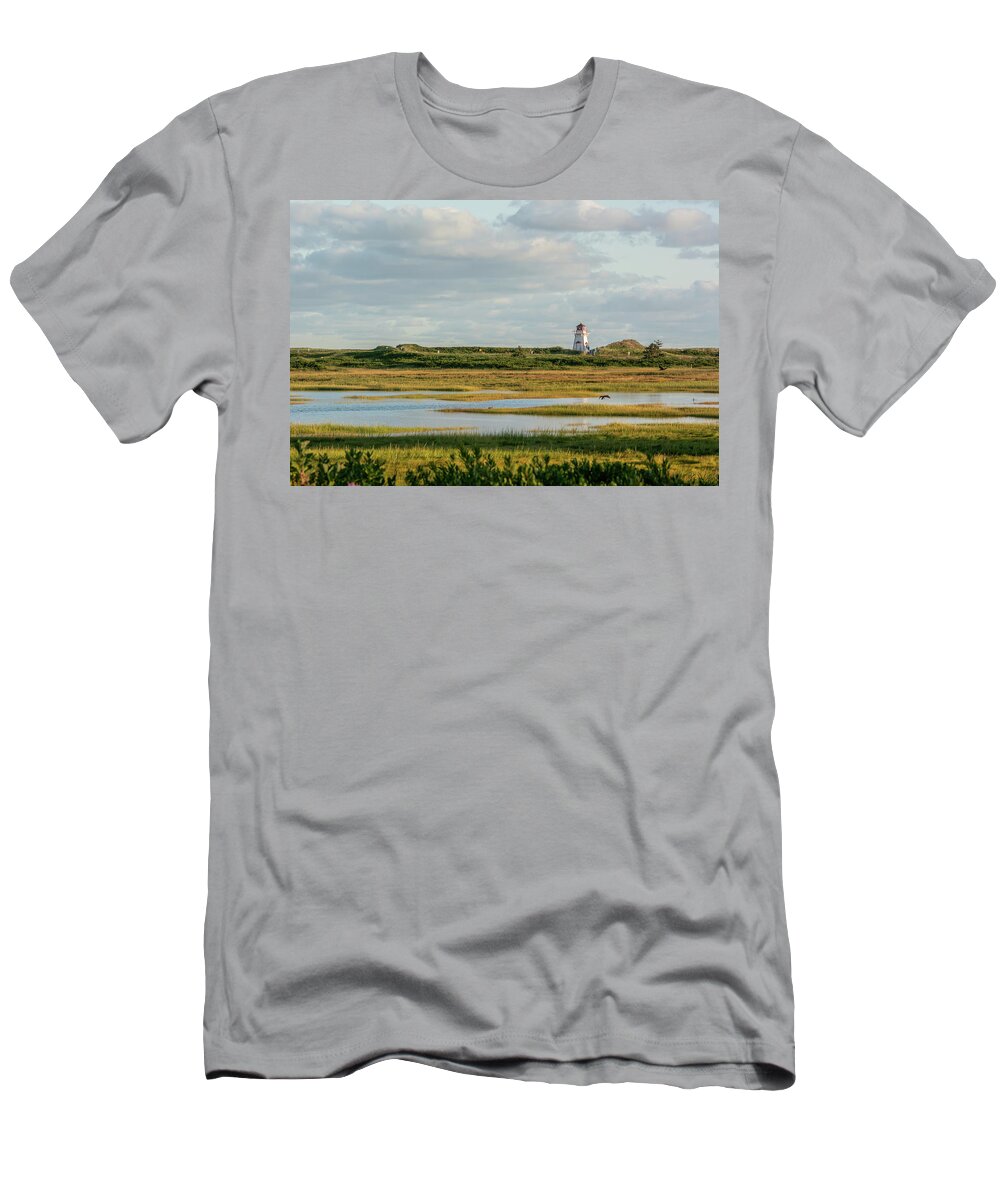 Stanhope T-Shirt featuring the photograph Cove Head Lighthouse across Wetlands by Douglas Wielfaert