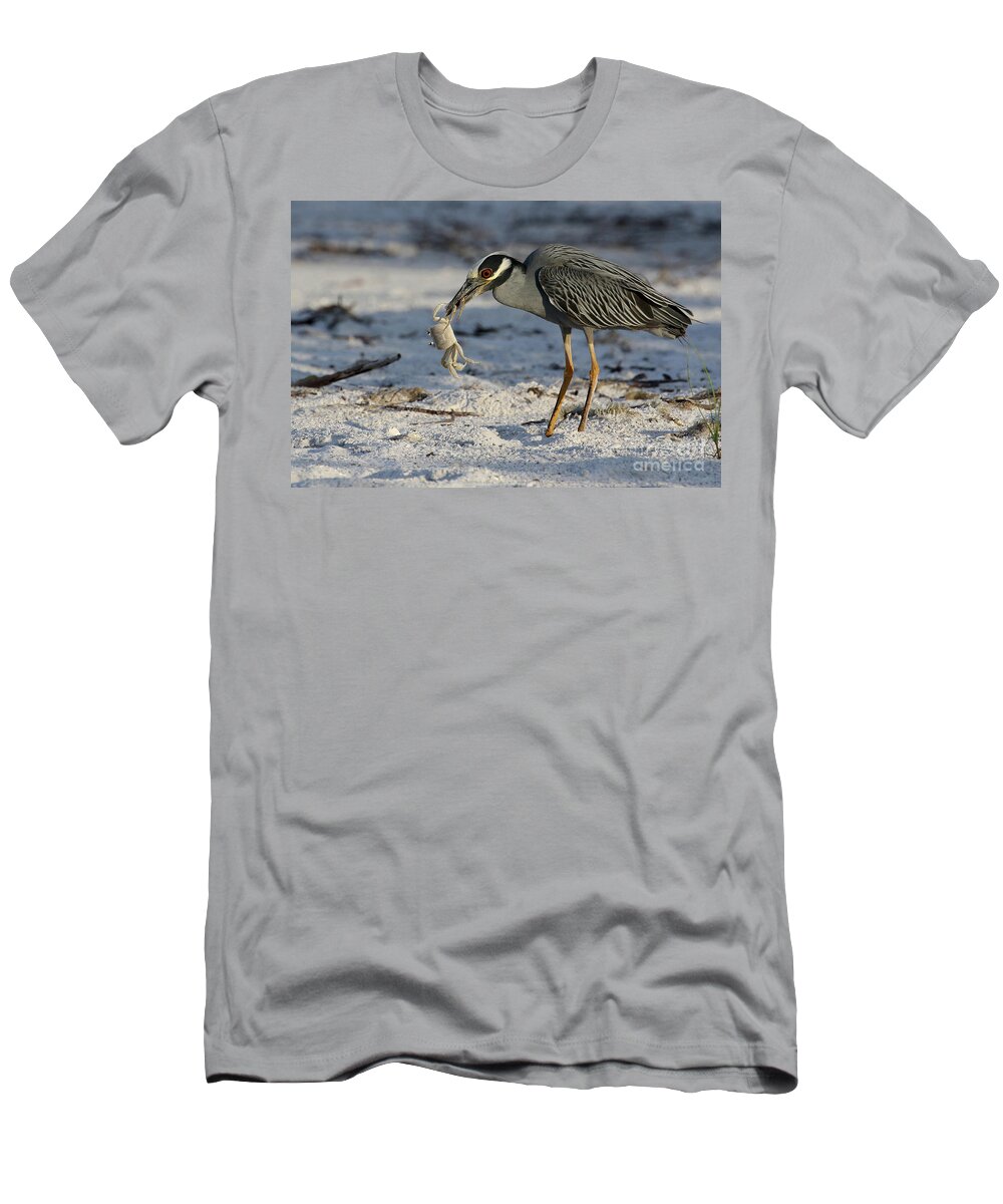 Yellow-crowned Night Heron; Birds; Florida; Cwa; Fort Myers Beach; Nature; Animals; Wildlife; Wild; Beach; Ghost Crab; Crabs; Breakfast; T-Shirt featuring the photograph Crab for Breakfast by Meg Rousher