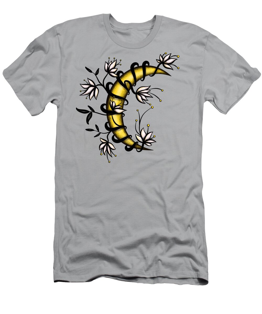Moon T-Shirt featuring the digital art Crescent Moon Wrapped In Flowers Tattoo Style by Boriana Giormova