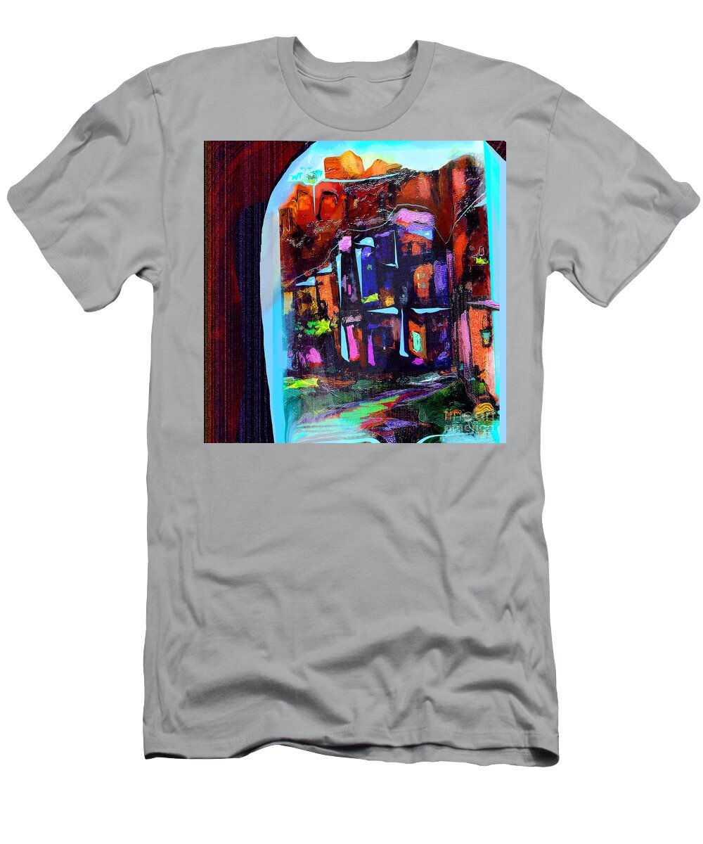 Square T-Shirt featuring the mixed media Cyan Skies by Zsanan Studio