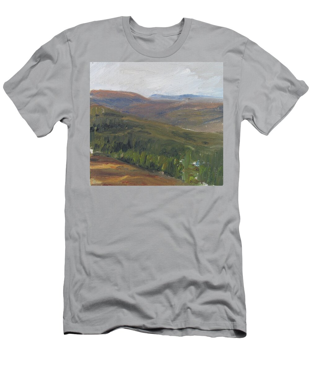 Landscape T-Shirt featuring the painting dagrar over salenfjallen- Shifting daylight over mountain ridges, 1 of 12_0034_60x60 cm by Marica Ohlsson