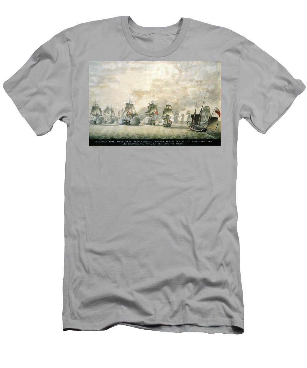 Barge T-Shirt featuring the painting Danish Frigate Freya under Captain Krabbe attacks English ships 25.7.1800. by Album