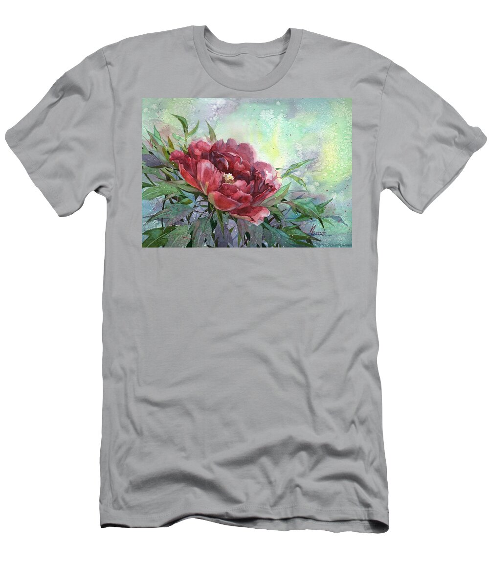 Russian Artists New Wave T-Shirt featuring the painting Dark Red Peony Flower by Ina Petrashkevich