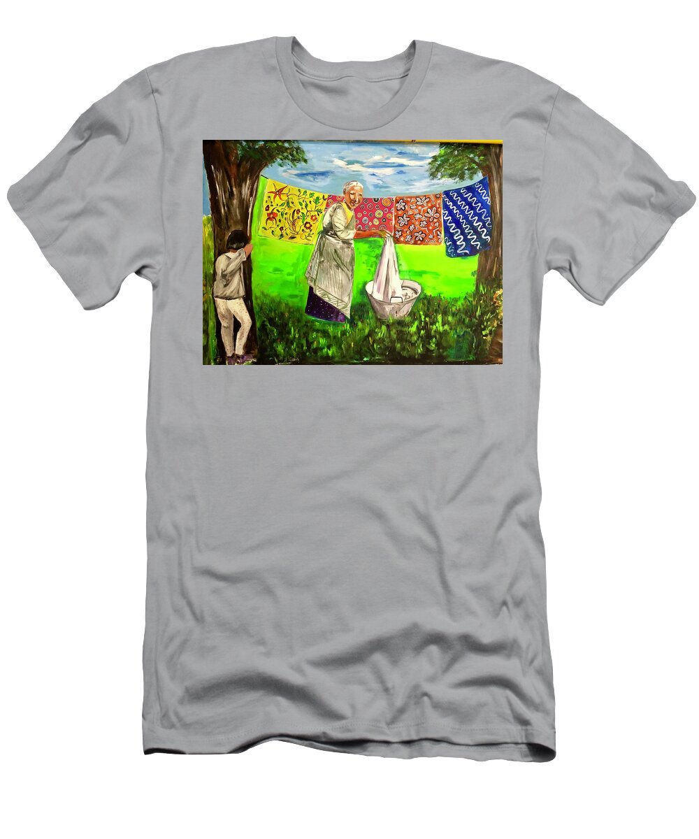 Grandma T-Shirt featuring the painting Day out with Grandma-Wall 8 by Belinda Low