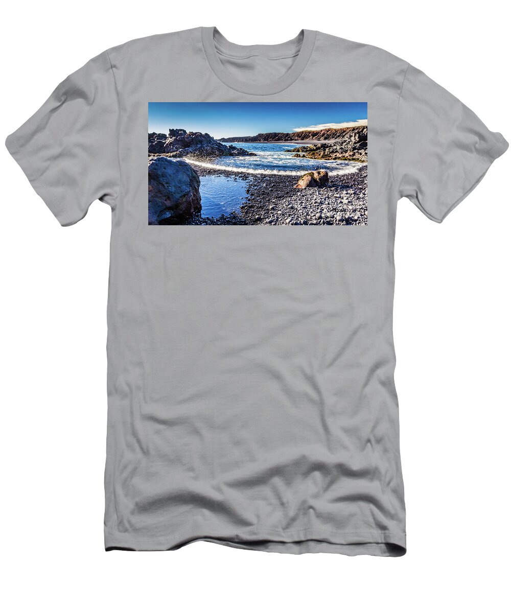 Beach T-Shirt featuring the photograph Djupalonssandur beach, Iceland #2 by Lyl Dil Creations