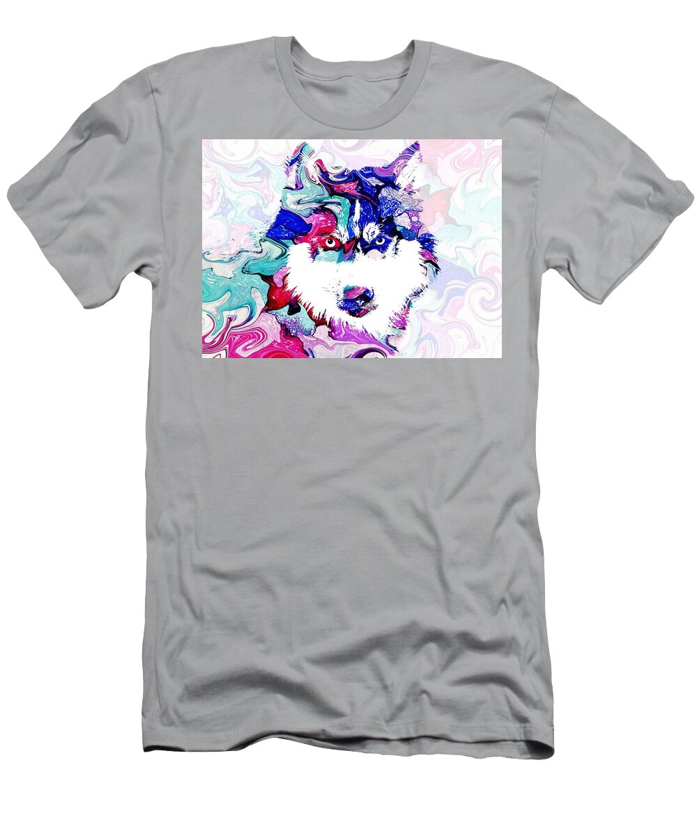 Dog T-Shirt featuring the mixed media Dog 148 Husky by Lucie Dumas